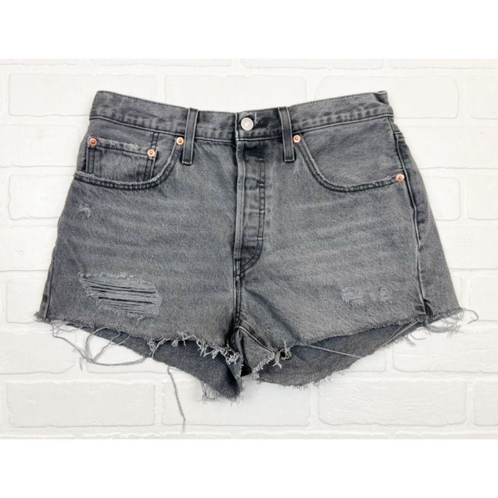 Levis 501 High Rise Button Fly Jean Shorts Distressed Raw Fray Hem Gray Size 30